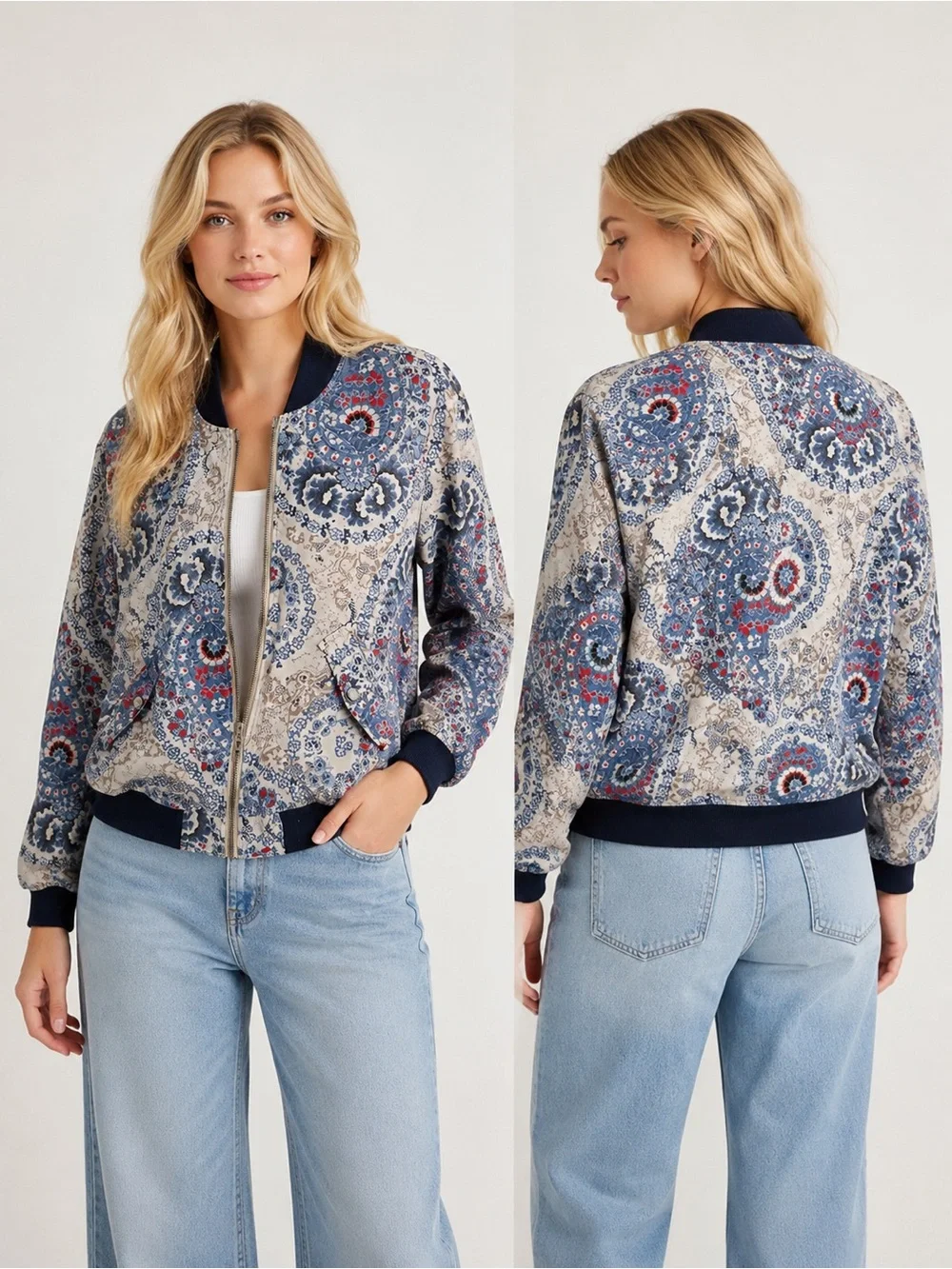 Free People Daytrip Paisley Print Quilted Full Zip Up Bomber Jacket 25584